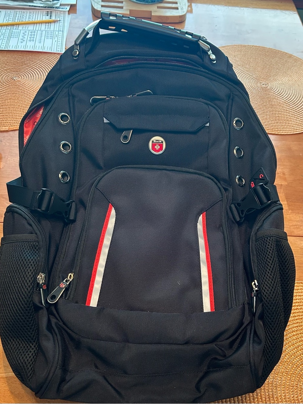 Swiss & Co. Black Backpack with Red and Silver Accents